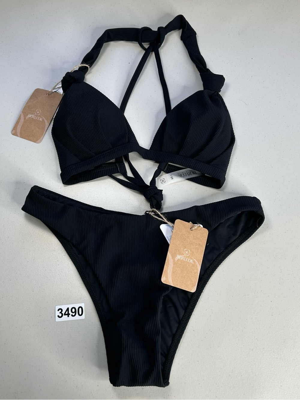 Berlook Bikini Set Small Black Ruched Top Ribbed Bottom New